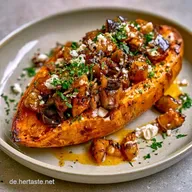 Gef&uuml;llte S&uuml;&szlig;kartoffel mit Aubergine und Feta