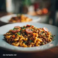 Linsen mit Sp&auml;tzle Rezept mit Saitenw&uuml;rstle f&uuml;r 4