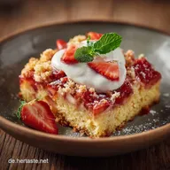 Saftiger ErdbeerRhabarberKuchen mit Joghurt und knusprigen Streuseln