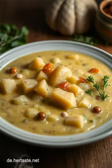 Cremige Blumenkohl-Kartoffel-Suppe mit Knoblauch und Muskat presentation