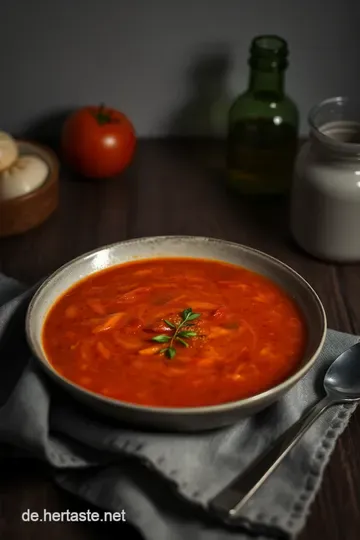 Cremige Tomatensuppe mit frischem Basilikum presentation