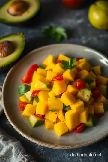 Frischer Mango-Avocado-Salat mit Limetten-Dressing presentation