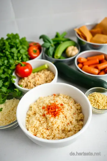 Gefüllte Paprika mit aromatischem Couscous und frischem Gemüse ingredients