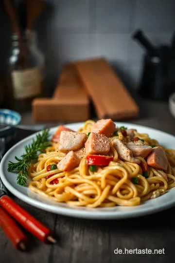 Nudel-Lachs-Auflauf mit cremiger Senf-Sauce presentation