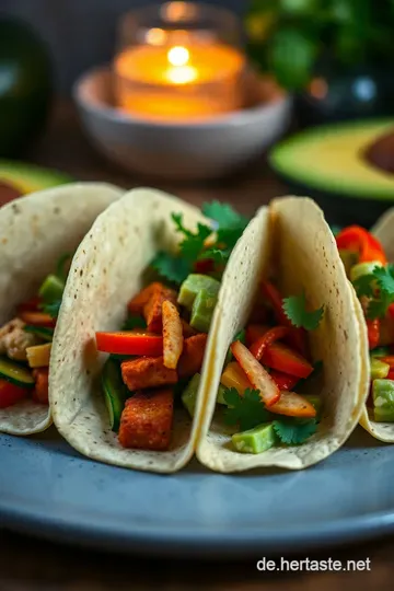 Veggie Fiesta: Verführerische Vegetarische Tacos mit buntem Gemüse und Avocado-Cremé presentation