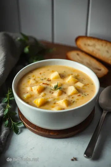 Wärmende Kartoffel-Blumenkohlsuppe mit frischen Kräutern presentation