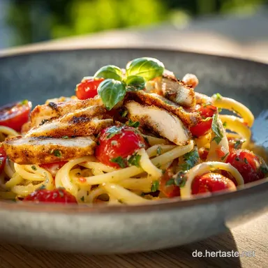 Bruschetta Pasta mit H&auml;hnchenstreifen Sommergenuss in 35 Minuten Rezeptkarte