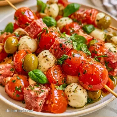 Einfache Antipasti Spie&szlig;e in 15 Min Rezeptkarte