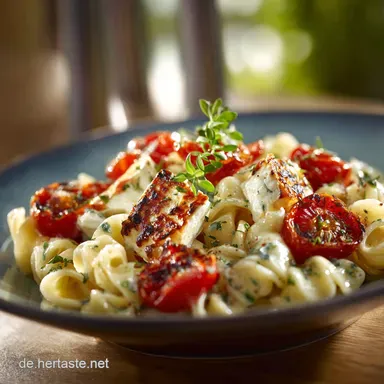 Pasta mit gegrillten Kirschtomaten und K&auml;se Cremiger Feta aus dem Ofen Rezeptkarte