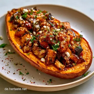 Gef&uuml;llte S&uuml;&szlig;kartoffel mit Aubergine und Feta Rezeptkarte