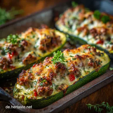 Beste Gef&uuml;llte Zucchini mit Hackfleisch Herzhafte Boote in 40 Minuten &uuml;berbacken Rezeptkarte