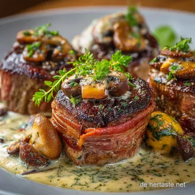 Gemserolle Low Carb Zarte Wildlende im Speckmantel mit PilzF&uuml;llung Rezeptkarte