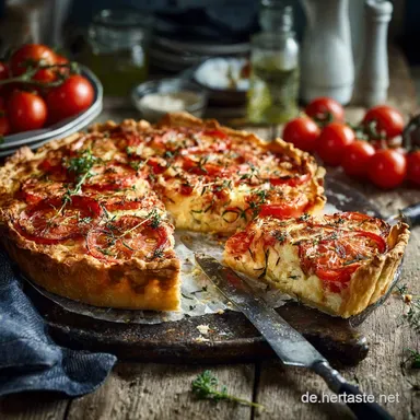 Gemserschen Tarte: Herzhafte Sommer-Gem&uuml;setarte mit Tomaten K&auml;se Rezeptkarte