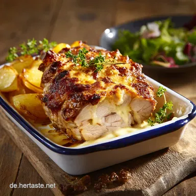 Gratinierter SchweinefiletApfelAuflauf mit Currysahne K&auml;sekruste Rezeptkarte