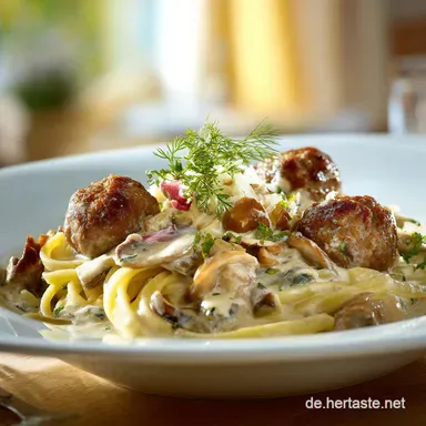 Nudeln mit PilzHackb&auml;llchen und Pilzrahmso&szlig;e Das cremige Wohlf&uuml;hlessen Rezeptkarte