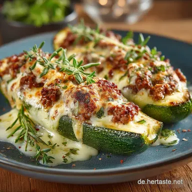 Gef&uuml;llte Zucchini Schiffchen mit Hackfleisch Herzhaft saftig K&auml;se &uuml;berbacken Rezeptkarte
