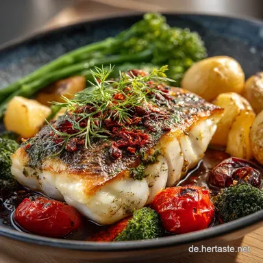 Saftiger Kabeljau aus dem Ofen mit Gem&uuml;se Einfach Mediterran Rezeptkarte