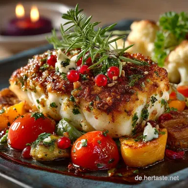 Saftiger Kabeljau aus dem Ofen auf Gem&uuml;se Einfaches Abendessen Rezeptkarte