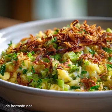 Käsespätzle Hackpfanne mit Lauch und Röstzwiebeln Rezeptkarte