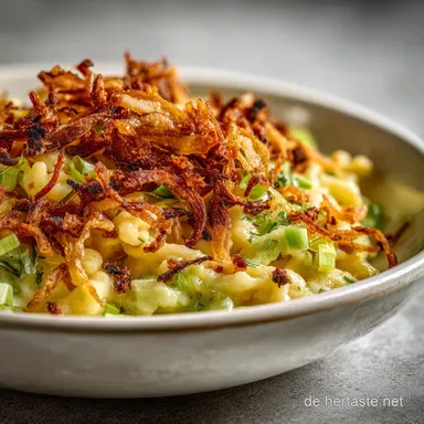 K&auml;sesp&auml;tzle Hackpfanne mit Lauch und R&ouml;stzwiebeln