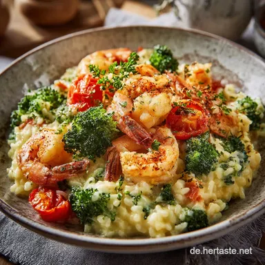 Keto Brokkolisotto mit Garnelen und Tomaten Cremiges Low Carb Abendessen Rezeptkarte