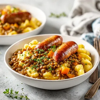 Linsen mit Sp&auml;tzle Rezept mit Saitenw&uuml;rstle f&uuml;r 4 Rezeptkarte