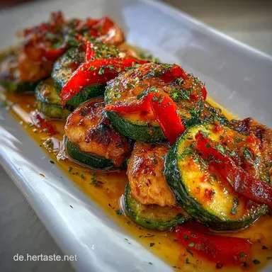 Cremiges Paprika-Zucchini-H&auml;hnchen f&uuml;r 4 Portionen Rezeptkarte