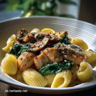 Pasta Mit Hhnchen Blattspinat Champignons REWE Rezept Einfach Rezeptkarte
