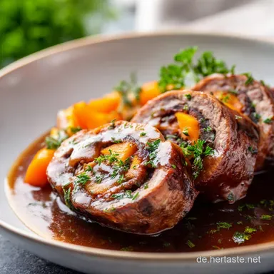 Rinderrouladen f&uuml;r 4 Portionen: Butterzart aus dem Ofen Rezeptkarte