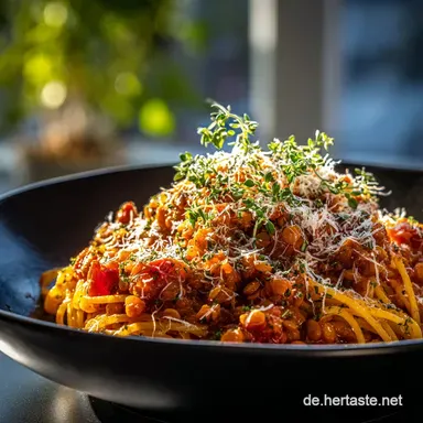 Rote Linsen Bolognese: Der vegane Feierabend Klassiker in 45 Min. Rezeptkarte