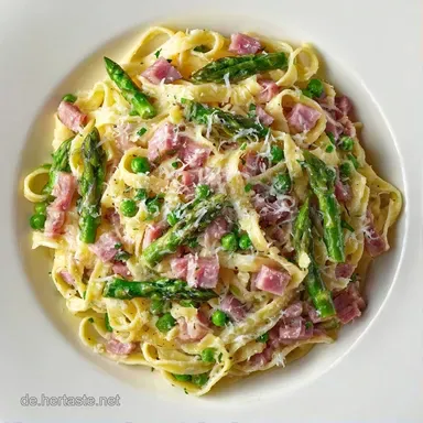 Schnelle Spargel Pasta Wei&szlig; mit Schinken Rezeptkarte
