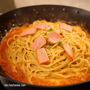 Spaghetti mit Lachs OnePot Blitzrezept aus dem Ofen Rezeptkarte