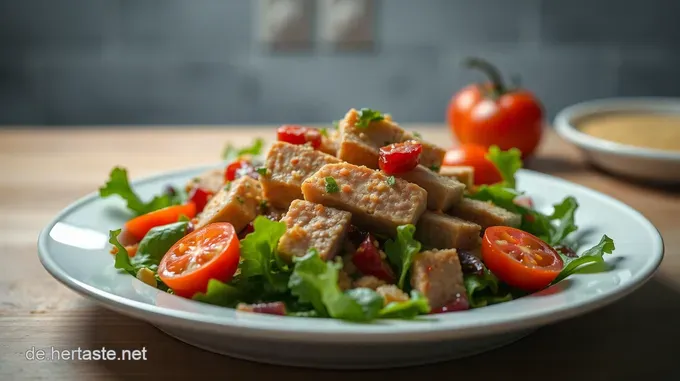 Herzhafter Hähnchenbrust-Salat mit frischem Gemüse und Senfdressing