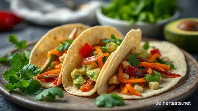 Veggie Fiesta: Verführerische Vegetarische Tacos mit buntem Gemüse und Avocado-Cremé