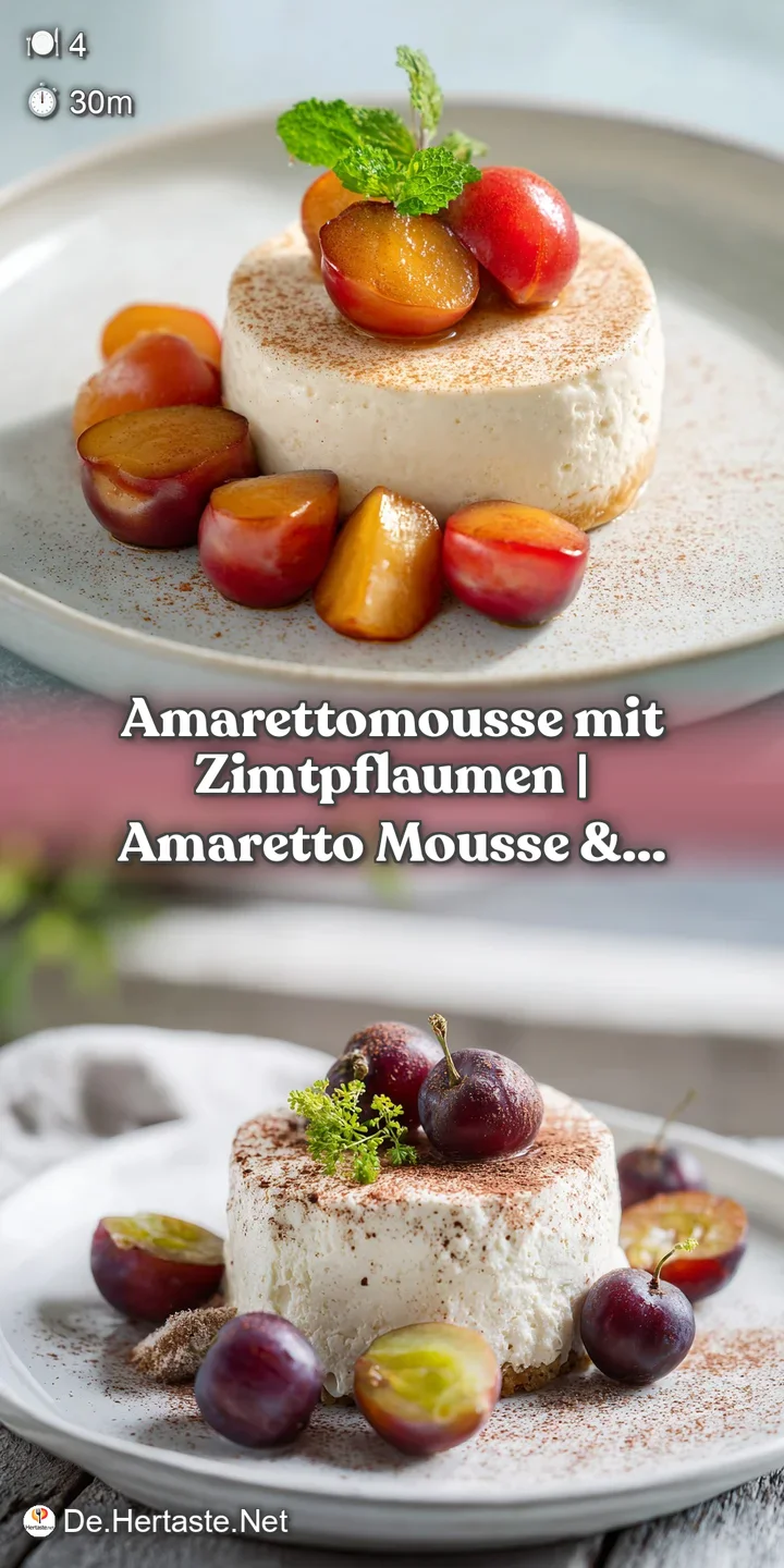 Rich, creamy amaretti mousse with visible almond specks, topped by glistening stewed plums