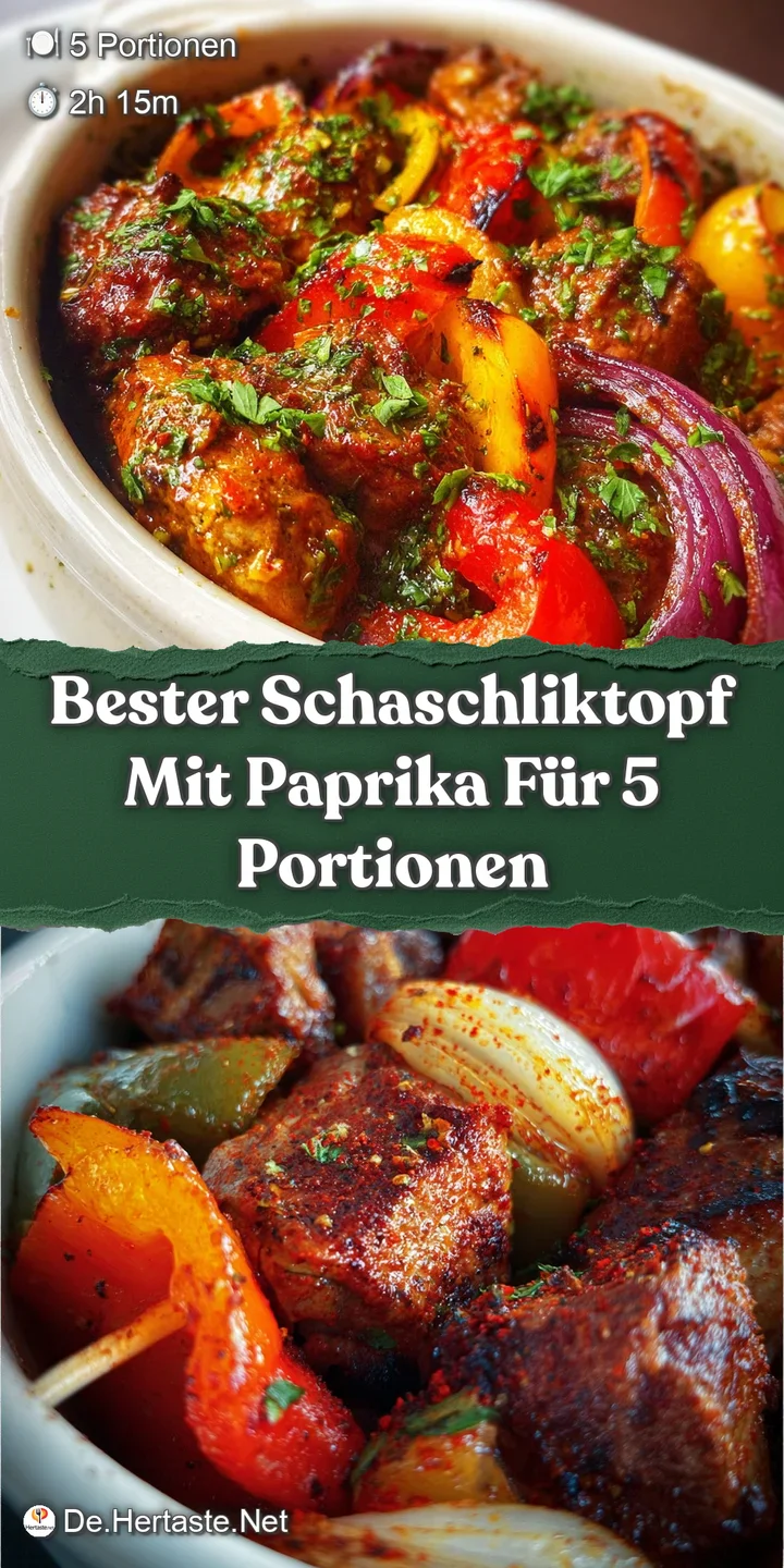 Close-up of juicy Schaschliktopf featuring glistening sauce and tender pieces of meat with colorful bell peppers.