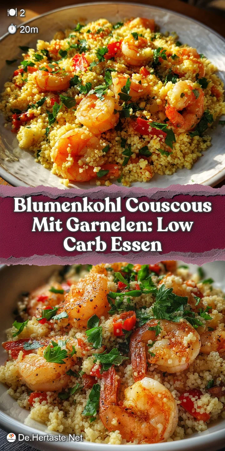 Close-up of fluffy cauliflower couscous studded with tender shrimp, with a scattering of fresh, verdant herbs and lemon zest.