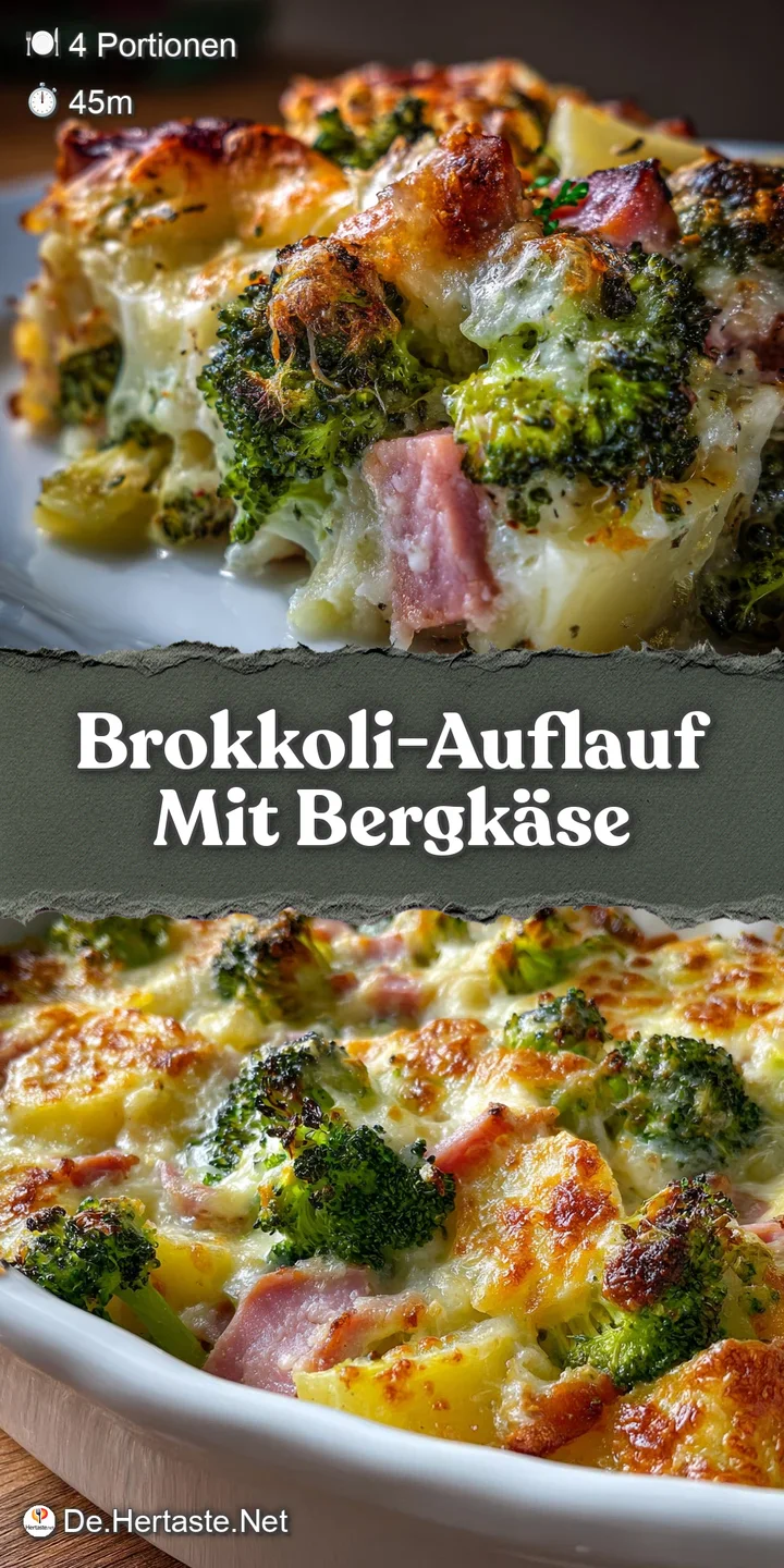 Close-up shot of a cheesy broccoli and potato bake; golden-brown and bubbly, with creamy, textured florets. Delicious warm...