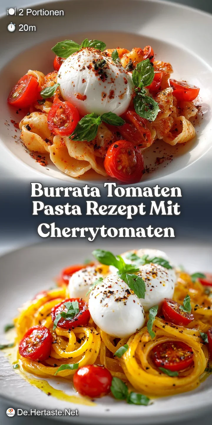 Close-up: creamy burrata oozes over juicy red tomatoes and al dente pasta, speckled with fresh green basil.