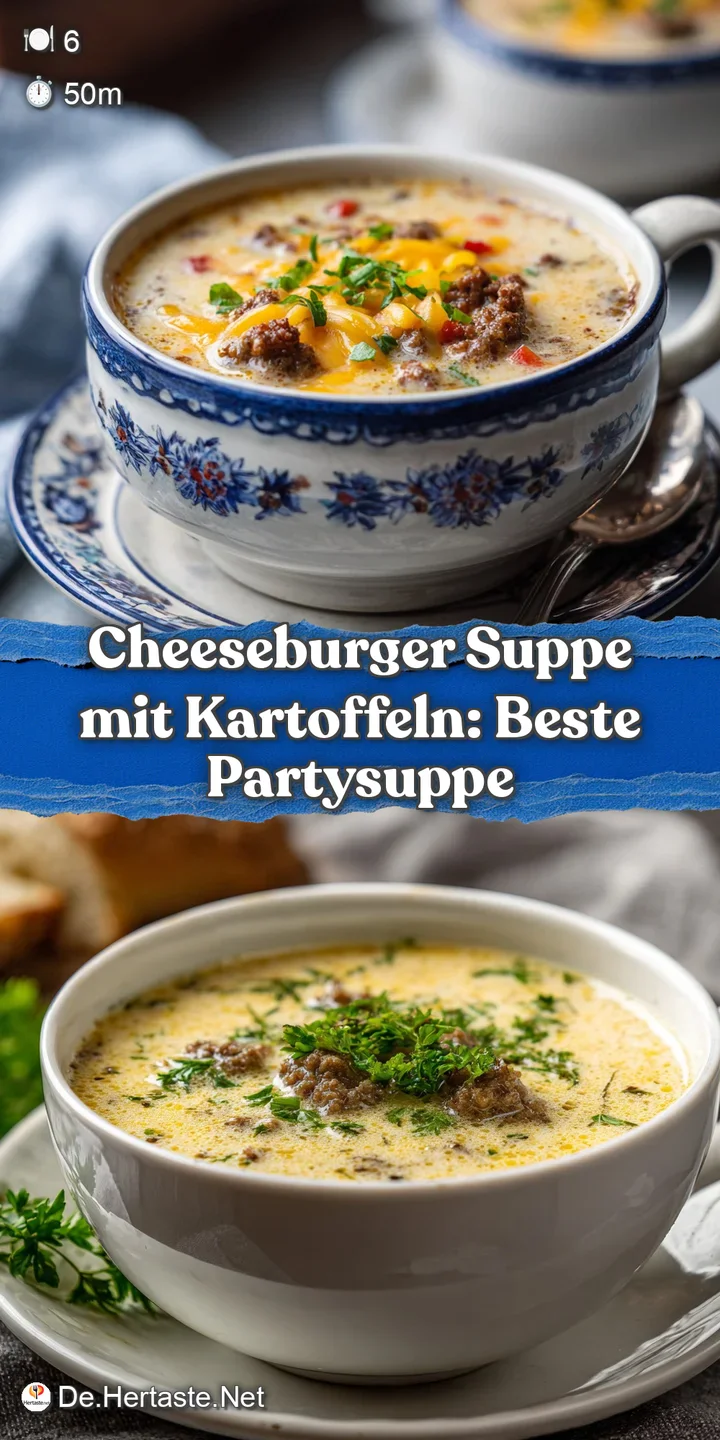 Close-up of rich cheeseburger soup, showcasing the creamy texture, melted cheese, and browned potato chunks.