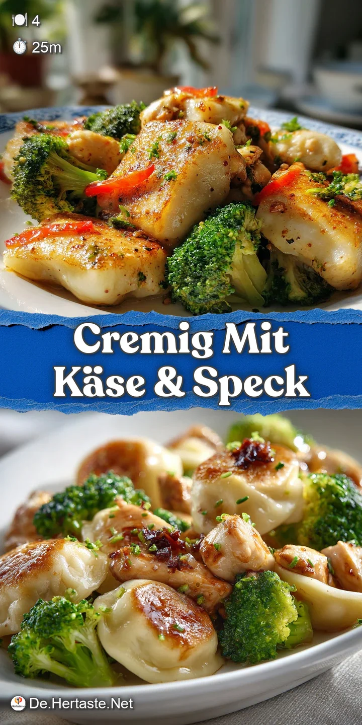 Close-up: Creamy Schupfnudeln with bits of crispy bacon, bubbling melted cheese, and a sprinkle of fresh green herbs.