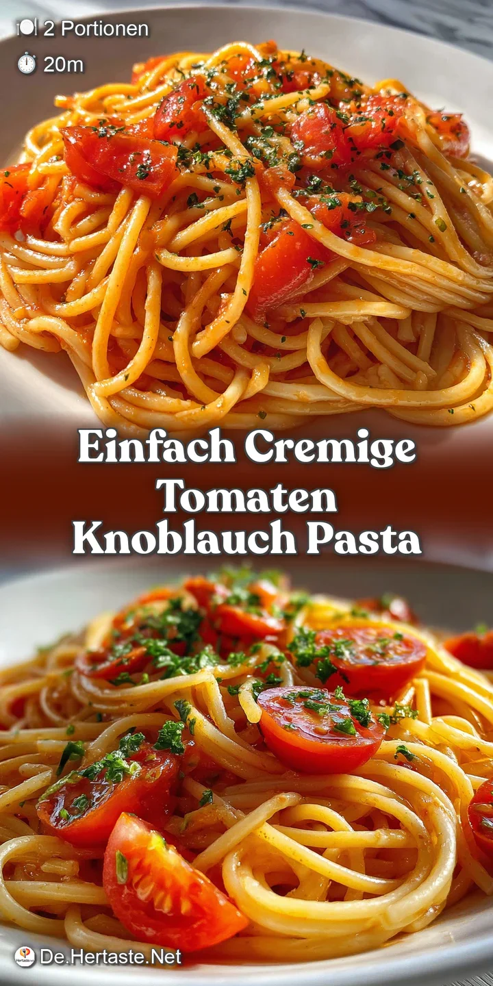 Close-up of creamy tomato pasta, highlighting the rich sauce, glistening garlic, and fresh basil. An appetizing, steamy, a...