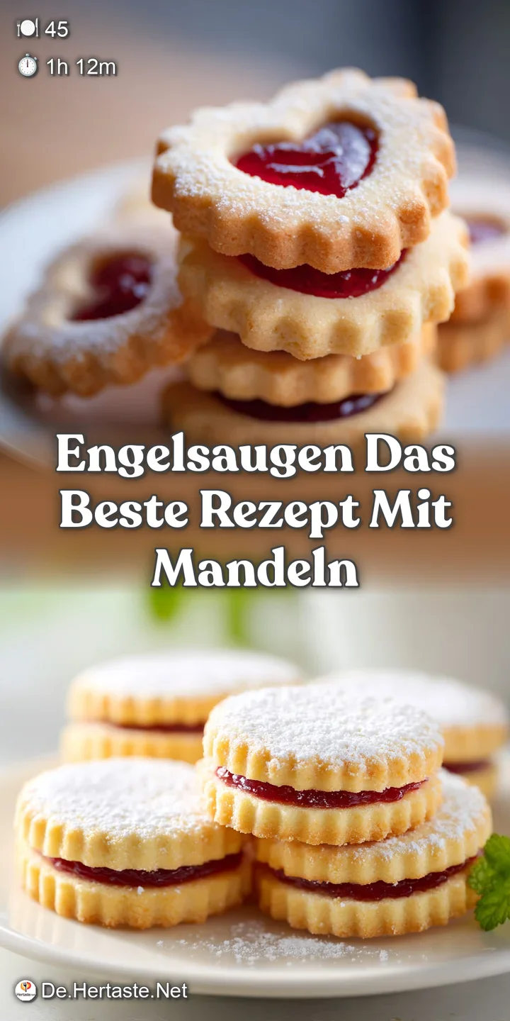 Close-up of an Engelsauge cookie; buttery golden crust, a pool of bright red jam, almond slivers catching the light.