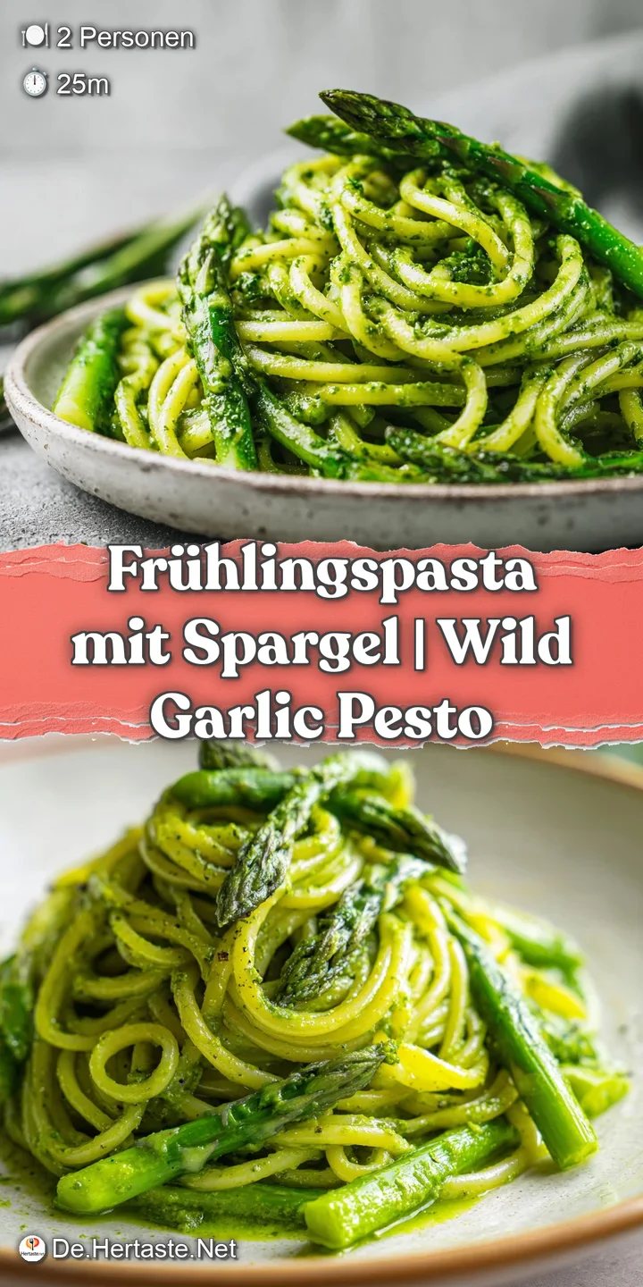 Close-up of glossy green pesto-coated pasta strands with crisp asparagus tips and a dusting of white parmesan