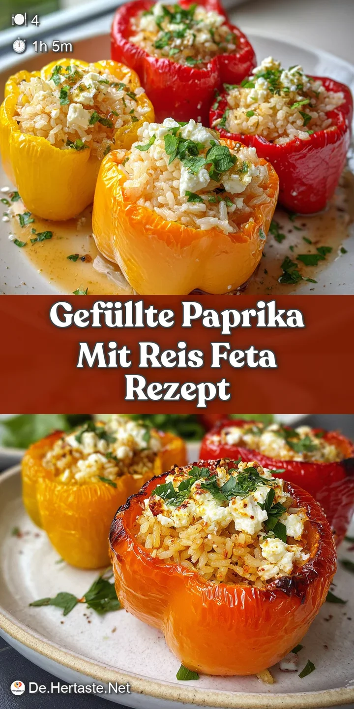 Close-up shows a juicy stuffed pepper's caramelized skin, contrasting with the creamy white feta and fluffy rice inside, d...
