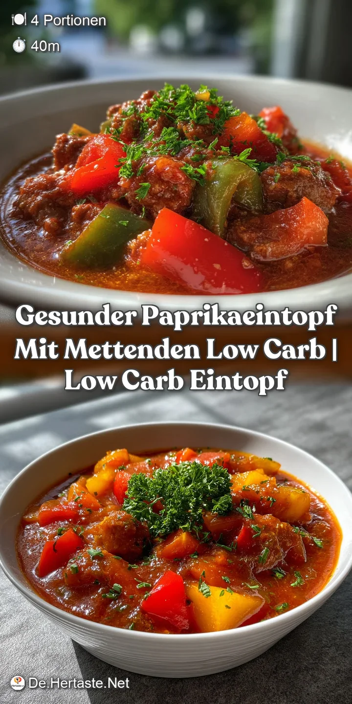 Vibrant red paprika stew with hearty Mettenden sausages. Thick, rustic texture, slight sheen, garnished with fresh green h...