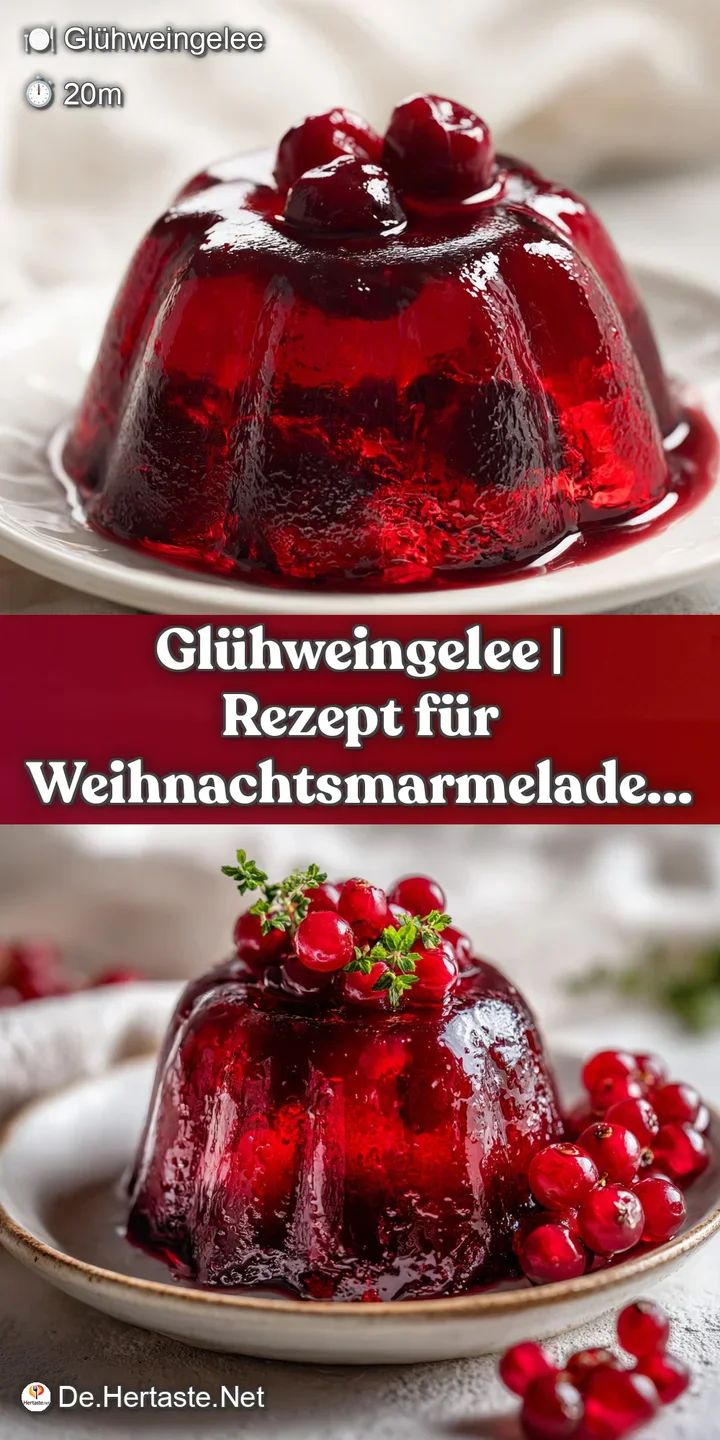 Close-up of glistening, ruby-red Gl&uuml;hweingelee cubes with a soft, yielding texture, catching the light.