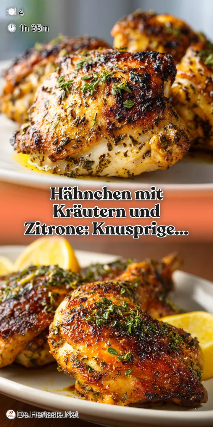 Close-up of lemon herb chicken skin; golden, crispy, and dotted with fragrant herbs. Hints of steam suggest it's fresh fro...