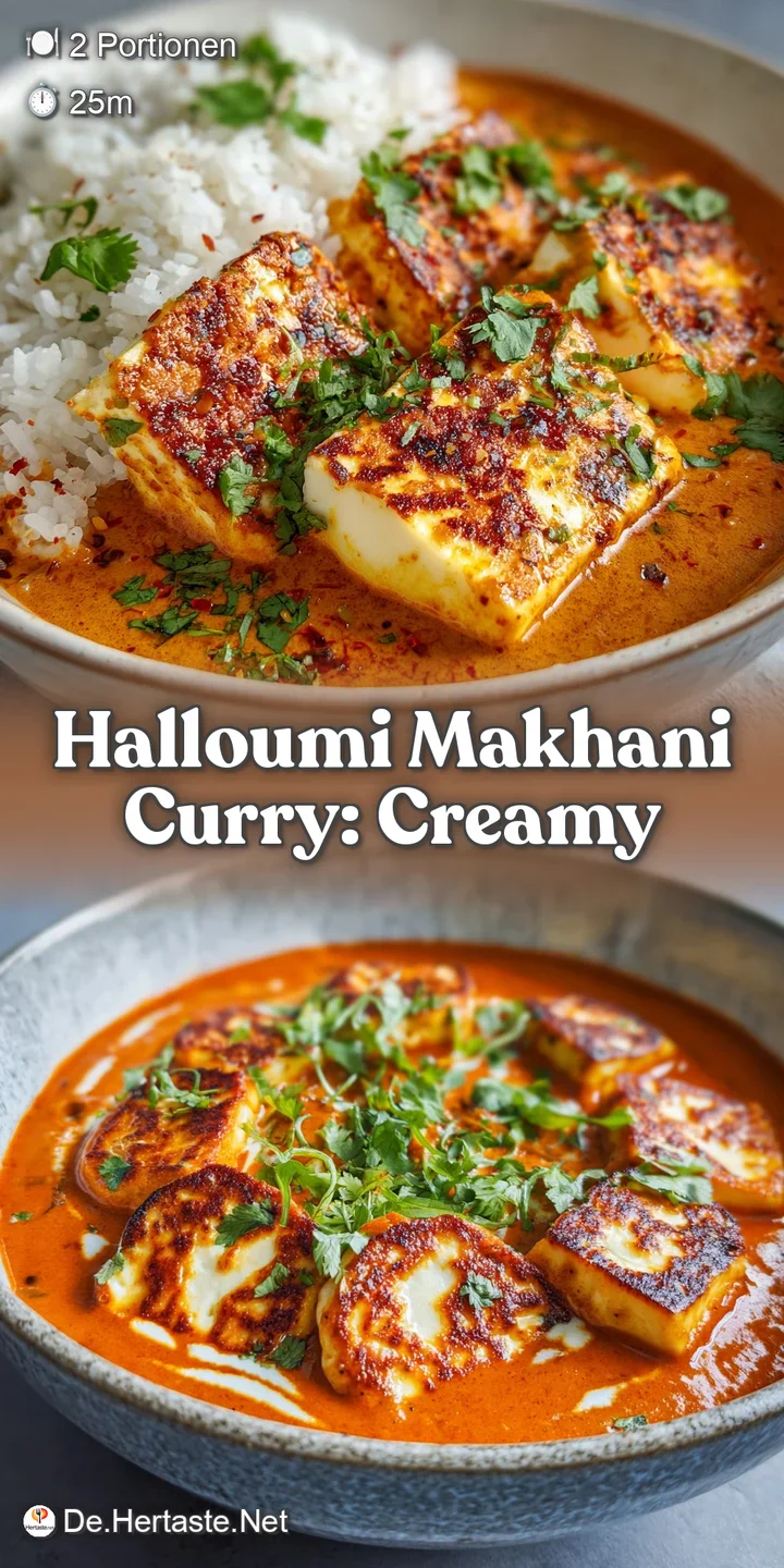 Close-up showcasing the creamy texture and rich color of Halloumi Makhani. Halloumi has slight browning and spice is visib...