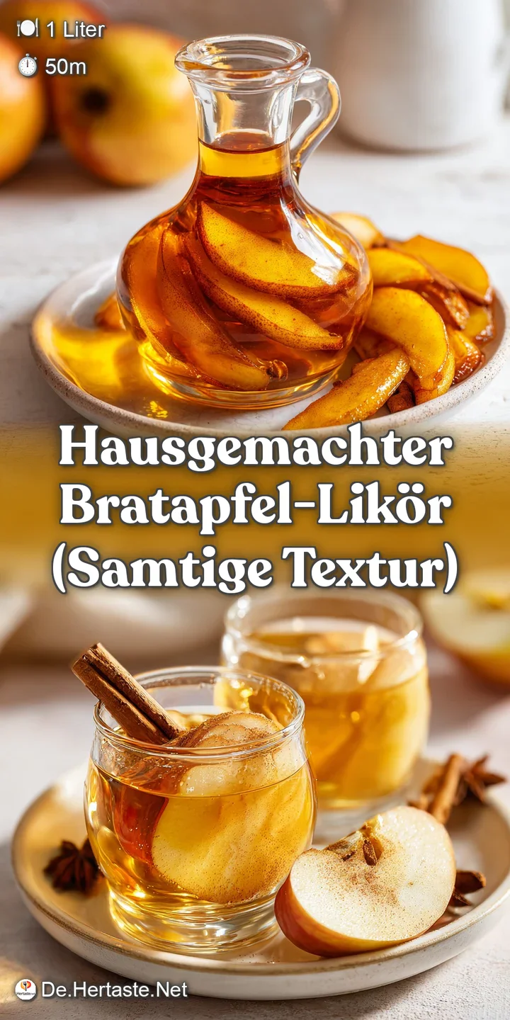 Close-up of shimmering golden-brown liqueur with a cinnamon stick and apple slice reflecting soft light.